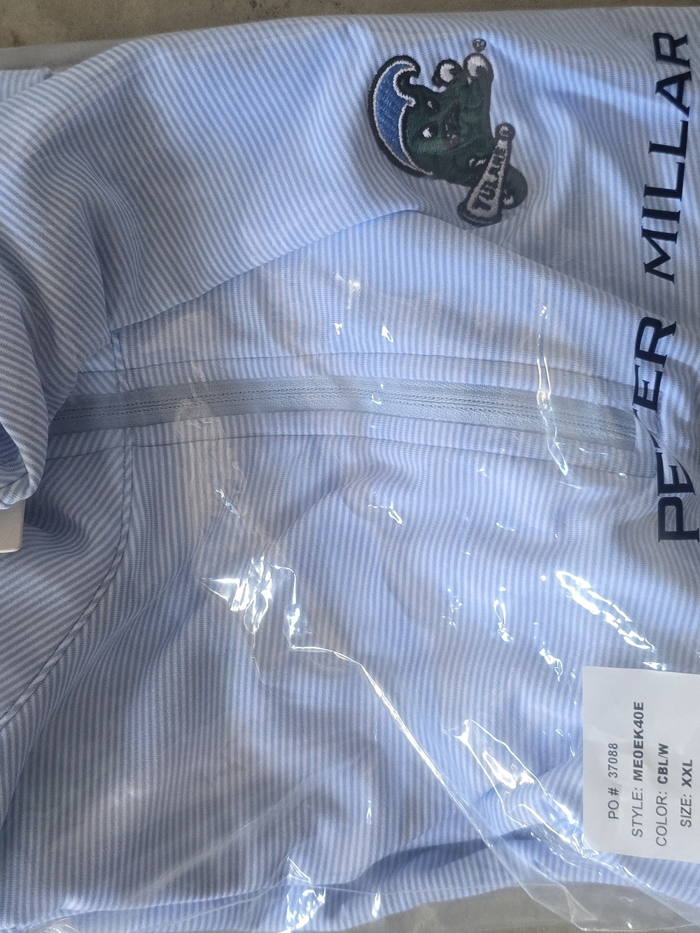 Peter Millar Light Blue and White Striped Dress Shirt with Crest